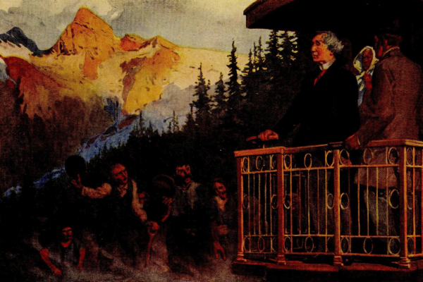 SIR JOHN MACDONALD CROSSING THE ROCKIES OVER THE NEWLY CONSTRUCTED
CANADIAN PACIFIC RAILWAY, 1886