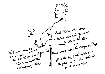 My Lord Edensoke says What this country wants is
Hard Work.

This was meant to be a cigar but that is an anachronism That came
with the Old Brandy later

Hard work never hurt anyone Philip Tis the pink champagne in the
glass N. B. Our celebrated pink champagne.